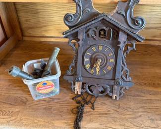Lot #242- Ornate Wood Cuckoo Clock with Loose Metal Parts