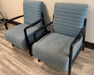 Lot #123- Pair of Blue Upholstered Armchairs with Black Frames