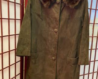 Brown suede coat mink collar