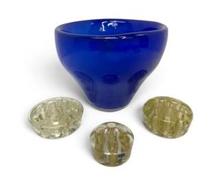 Signed Blue Glass Bowl Glass Frogs