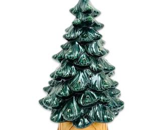 Green Glazed Ceramic Christmas Tree With Light Holes And Base