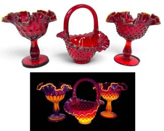 Fenton Amberina Glass Hobnail Basket Compotes