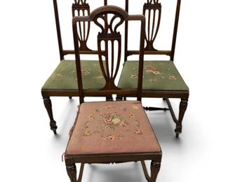 Wooden Chairs W Floral Needlepoint Seat Design Pink Green