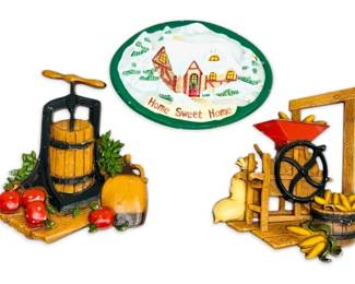 Homco Metal Wall Plaques Apple Cider Press, Corn Grinder More