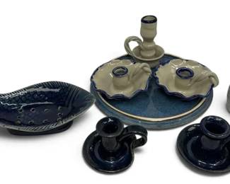 Blue Glazed Ceramic Candle Stick Holders More