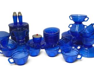 Collection of Cobalt Blue Glass Salt Pepper Shakers, Cups And Plates