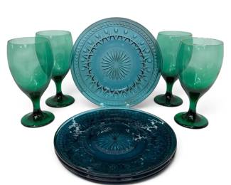 Blue Park Lane Glass Plates, Green Wine Glasses, GoldRimmed