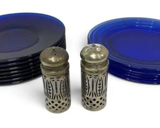 Blue Glass Plates W Salt Shakers