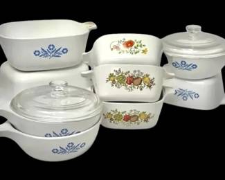 CorningWare Blue Cornflower Casserole And Menuette Dishes, Vegetable And Floral Print Mini Dishes