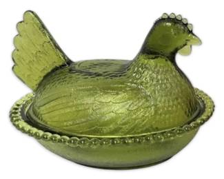 Indiana Green Glass Hen on Nest