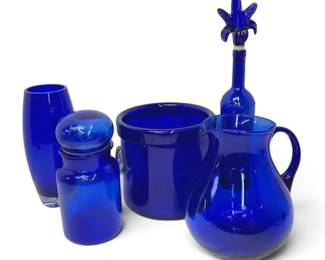 Cobalt Blue Glass Pot, Decanter, Pitcher, Vase And FloralTop Wine Bottle