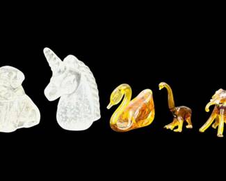 Glass Animal Figurines Unicorn, Dog, Amber Swan, Elephant, And Dinosaur