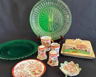 SW290Vintage Uranium Plate, vintage HandPainted, Japanese Porcelain And Vintage Green Glass Plate