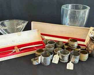SW296VVintage Orrefor Marin Crystal Bowl, Vintage Napkin Rings Gerber Carving Set
