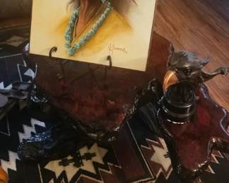 Indian painting, bronze eagle. Live edge wood coffee table 