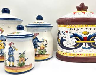 Set 3 Vintage Jay Willfred Hand Painted Canisters From Portugal & Sherwood Biscotti Canister Lot #: 91