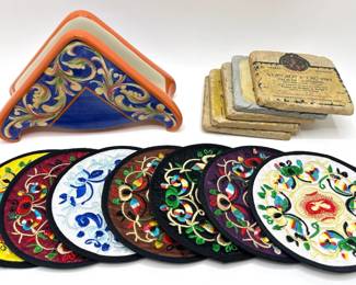 Vintage Pfaltzgraff Napkin Holder, 6 New Embroidered Coasters & 5 French Wine Label Stone Coasters Lot #: 89