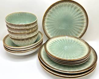 Gibson Elite Mayfair Bay 16-Piece Embossed Reactive Glaze Stoneware Dinnerware Set, Appears Unused Lot #: 56