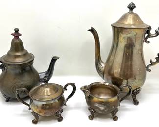 2 Antique Silver Plate Coffee Pots, Teapot, Sugar Bowl & Creamer Lot #: 77