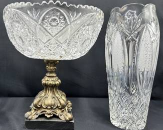 Vintage Cut Crystal Compote Centerpiece Bowl On Brass Pedestal & Soviet Bohemian Crystal Vase Lot #: 44