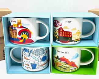 4 New In Box Starbucks Mugs: 3 "You Are Here Series" (Italy, Marrakech & Rome) & "Been There" Series (Cancun) Lot #: 115