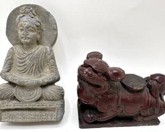 Vintage Carved Schist Stone Buddha & Carved Rosewood Chinese Foo Dog Lot #: 38