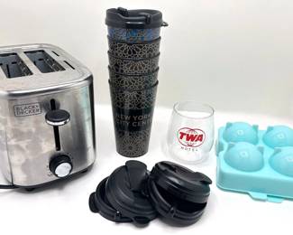 Black & Decker Toaster, TWA Hotel Plastic Cup, 5 City Center Travel Cups & Ice Ball Maker Lot #: 110
