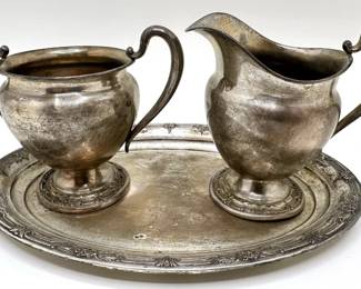 Vintage Sterling Silver Wild Rose International Set: Creamer, Sugar Bowl & Tray (Weight 11.7 Ounces) Lot #: 7