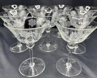 Set 9 Vintage Etched Coupe Glasses Lot #: 66