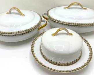 Wm Gubrim & Company Limoges France Porcelain Serving Set With Gold Accents: 2 Casseroles & Butter Dish Lot #: 48