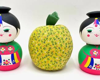 2 New Wood Korean Wedding "nodder" Dolls Bobble Heads & Plush Calico Apple Lot #: 114