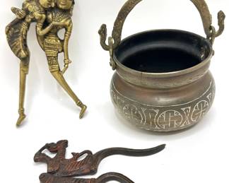 Vintage Engraved Brass Cauldron & 2 Vintage Brass Betel Nut Cutters Lot #: 80