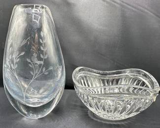 Signed Kosta Etched Glass Vase With Birds & New In Box Mikasa Cimarron Crystal Bowl Lot #: 42