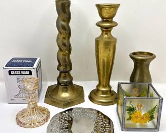 Candle Holders: Brass, New In Box Glass, Pressed Flowers & Candle Tray Lot #: 79