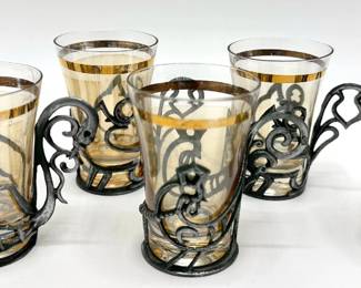 Set 6 Russian Gold Trim Tea Glasses Or Shot Glasses With Animal Shaped Holders: Foxes, Swans & Roosters Lot #: 31
