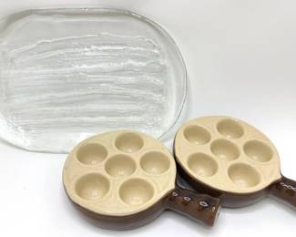 Set Vintage Emile Henry French Escargot Snail Serving Dishes & Glass Asparagus Platter Lot #: 99