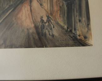 Narrow Street Scene Signature on Framed Art by Varga