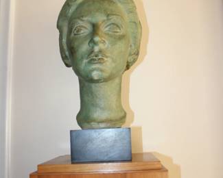 Lady Head Sculpture on Wood Pedestal