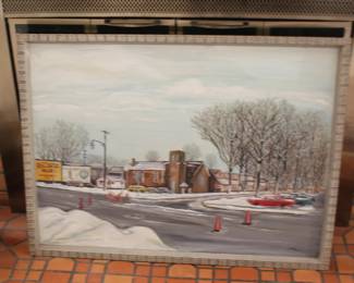 Street Scene Framed Art with Vintage Cars by J Morley