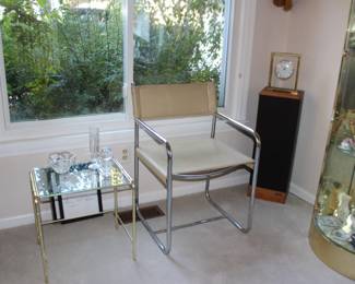 Chrome Cloth Chair, Glass Table, Speaker