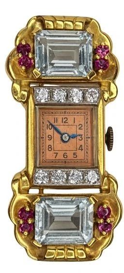 14k Gold, Diamond, Ruby, & Aquamarine Watch Brooch