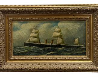 Oil Painting of Steam-Sail Hybrid Ship in the style of ANTONIO JACOBSEN (Danish/American,1850-1921)