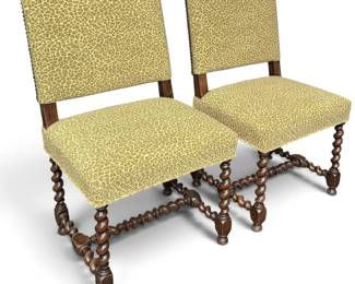 Pair of English Oak Barley Twist Armchairs with Leopard Upholstery