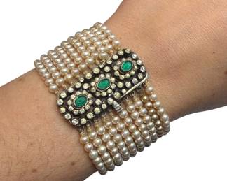 An Edwardian Sterling Silver, Pearl, & Rhinestone Bracelet