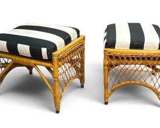 Pair Mid Century Woven Rattan Ottomans