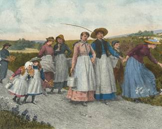 Large Hand Colored Etching "The Berry Pickers" by JENNIE BROWNSCOMBE (American, 1850-1936)