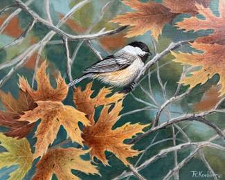 20th C. Acrylic on Board Painting, Fall Forest Scene