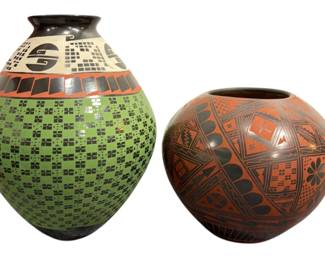Two Mexican Marta Ortiz Blackware Pottery Olla