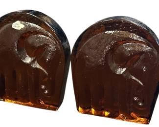 BLENKO Amber Glass Elephant Bookends