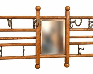 Victorian Oak and Iron Beveled Mirror Coat Rack